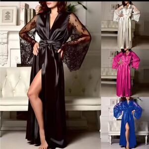 Elegant Women's Lace Trim Satin Robe - Black, White, Pink, Blue Brand New 🆕